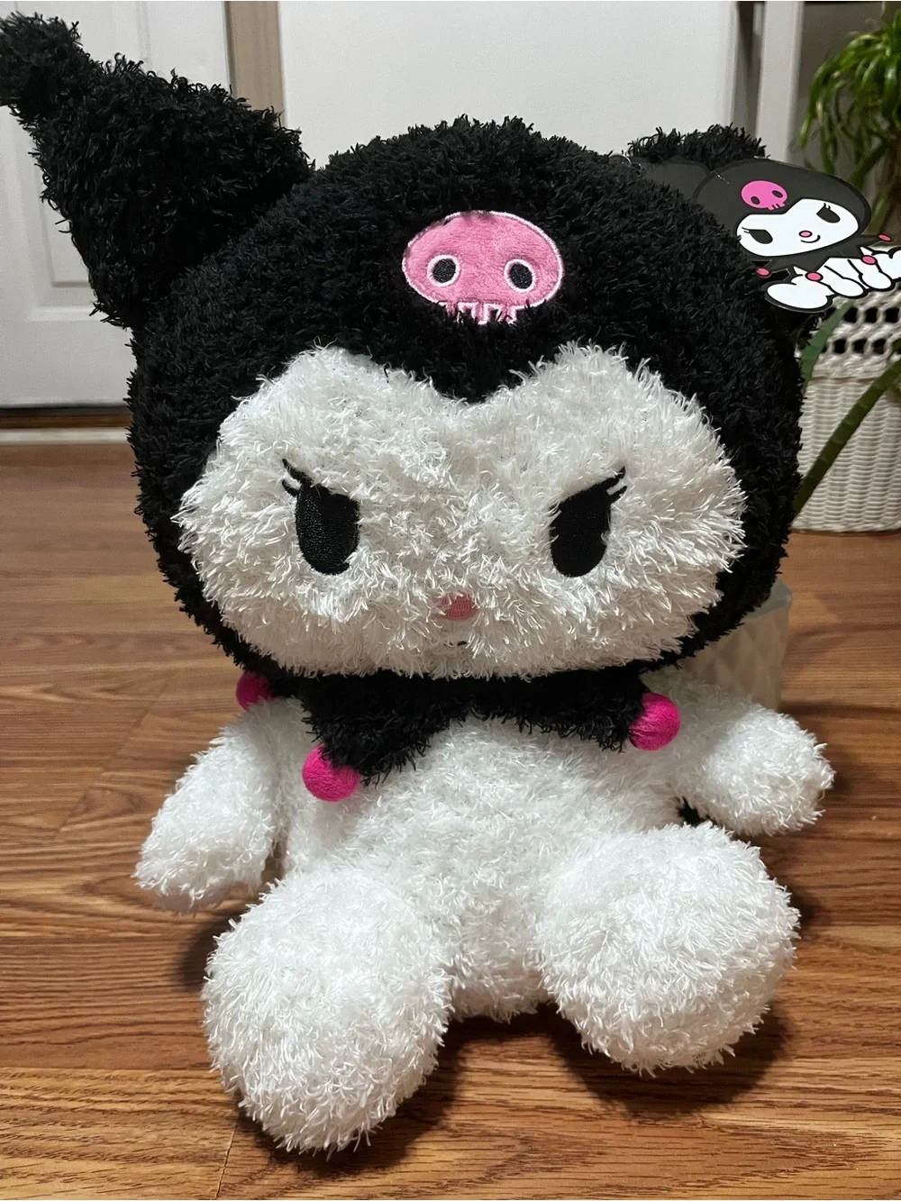 Black and White Plush Cat Toy with Pink Accents - Cute Skull Design